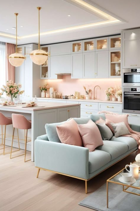 Open Space Living Room, Pastel Living Room, Pastel Interior, Buffet Decor, Open Plan Kitchen Living Room, Open Concept Living Room, Open Living Room, Livingroom Layout, Living Environment