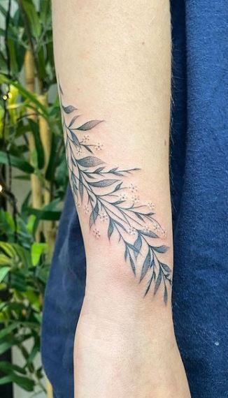 Greenery Arm Wrap Tattoo, Celtic Forearm Tattoo Women, Trailing Vine Tattoo, Vine Tree Tattoo, Watercolor Leaf Tattoo, Willow Branch Tattoo Arm, Black And White Vine Tattoo, Eucalyptus Vine Tattoo, Olive Vine Tattoos For Women