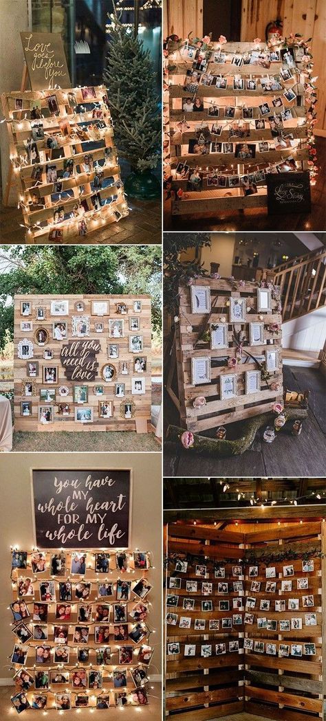 Wedding Ideas With Pallets, Ideas With Pallets, Diy Country Wedding, Country Wedding Ideas, Wedding Photo Display, Pallet Wedding, Rustic Wedding Photos, Rustic Wedding Decorations, Deco Champetre