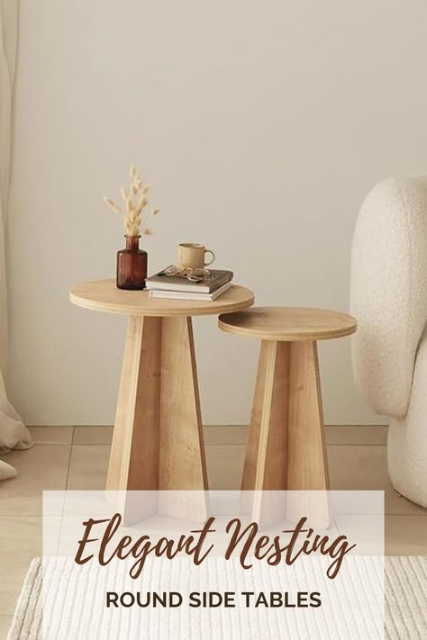 The Modern Round Side Tables have a mushroom-inspired design with chipboard wood and a melamine oak coating. Their nesting feature saves space, making them ideal for smaller rooms. Available in sets of 2 or 3, these tables blend with mid-century and contemporary decor styles. Easy to assemble with included instructions. Click the affiliate link to get yours! #RoundSideTables #NestingTables #MushroomDesign #ModernDecor #SpaceSaving #MidCenturyStyle #WoodenTables Round Side Tables, Wooden Coffee Tables, Wood End Table, Tables Set, Mushroom Design, Wood End Tables, Wooden Coffee Table, Round Side Table, Modern Round