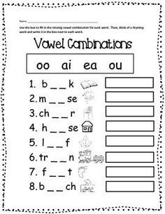 Enjoy this FREE worksheet to practice and reinforce those tricky vowel combinations. Your students will use the box to choose from one of the four targeted combinations to complete the word. Then, they will need to think of a rhyming word for each and write it in the box next to each word. Vowel Combinations, Vowel Teams Worksheets, Worksheets 2nd Grade, Ingles Kids, Digraphs Worksheets, Phonics Worksheets Free, Vowel Worksheets, Vowel Teams, First Grade Phonics