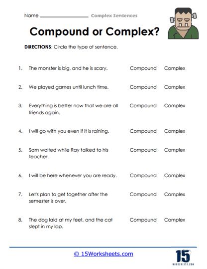 Compound Sentences Worksheets, Compound Complex Sentences, Writing Complex Sentences, Compound And Complex Sentences, Complex Sentence, Complex Sentences Worksheets, Sentences Worksheet, Subordinating Conjunctions, Sentence Construction