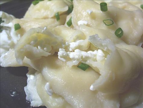 Homemade cottage cheese pierogies. Notes: Yum! Turned out perfect. Make sure there are NO holes (water gets in). Trying diff fillings next time. Homemade Cottage Cheese Perogies, Cheese Perogies, German Cottage Cheese Dumplings, Sweet Cheese Pierogi Recipe, Potato Cheese Pierogi, Farmers Cheese Pierogi Recipe, Homemade Pierogies, Homemade Cottage Cheese, Ukrainian Food