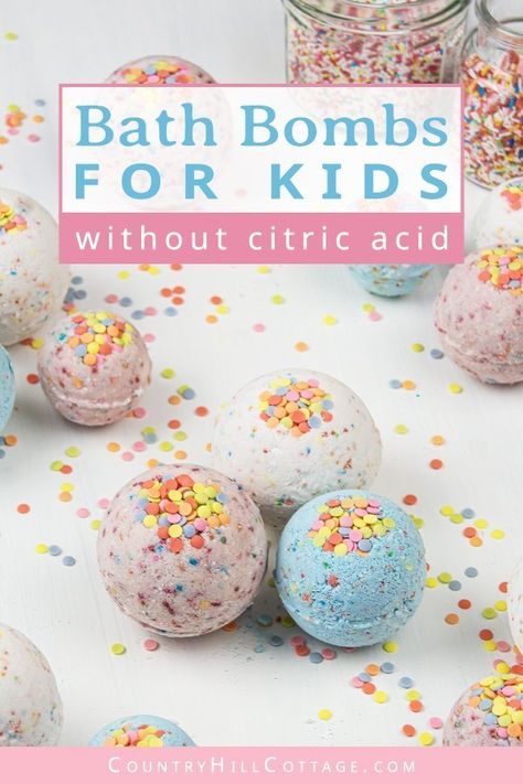 DIY bath bombs without citric acid or cream of tartar are an easy homemade bath bomb recipe for kids. These bath bombs turn a boring bath time routine into a fun experience for girls and boys. Learn how to make and customise these simple 3-ingredient funfetti bath fizzies with sprinkles, colour, and natural organic essential oils that are safe for children. Lush inspired, great gift idea. Without cornstarch, without Epsom salt, no citric acid. #bathbombs #essentialoils | countryhillcottage.com Bath Boms Diy, Bath Bomb Recipe, Bath Boms, Acid Bath, Recipe For Kids, Bombe Recipe, Homemade Bath, Time Routine, Bath Bomb Recipes