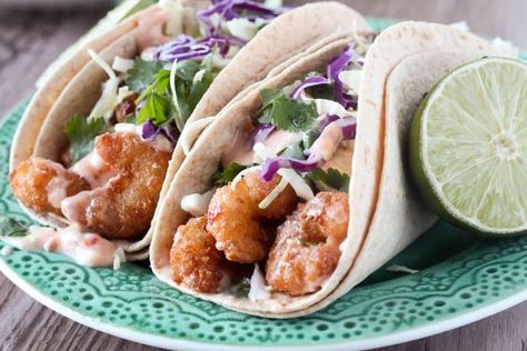 Shrimp Taco Sauce, Cilantro Slaw, Cilantro Shrimp, Sweet Chili Shrimp, Chili Shrimp, Cilantro Lime Slaw, Shrimp Taco Recipes, Popcorn Shrimp, Crispy Shrimp