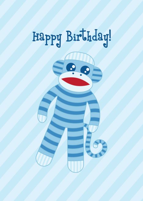 Happy Birthday Sock Monkey - Blue Striped card Zoo Animals Photos, Sock Monkey Birthday, Happy Monkey, Animals Photos, Birthday Happy, Sock Monkey, Baby Card, Printable Wedding, Card Card