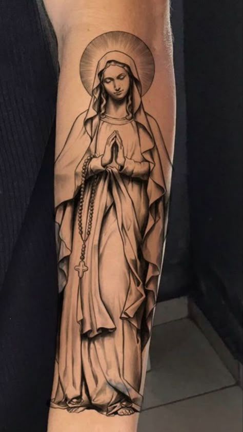 Mother Maria Tattoo, Virgin Mary Statue Tattoo, Mama Mary Tattoo Design Black And Grey, Lourdes Tattoo, Mama Mary Tattoo Design, Memorial Tattoo Sleeves, Virgin Mary Tattoos, Mary Tattoos, Cathedral Tattoo