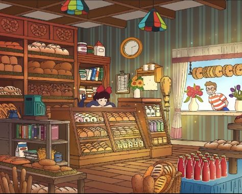 Kiki's Delivery Service Scenes, Polymer Clay Projects Diy, Studio Ghibli Music, Habbo Hotel, Howl And Sophie, Retro Cafe, Kiki Delivery, Kiki's Delivery Service, Interior Illustration