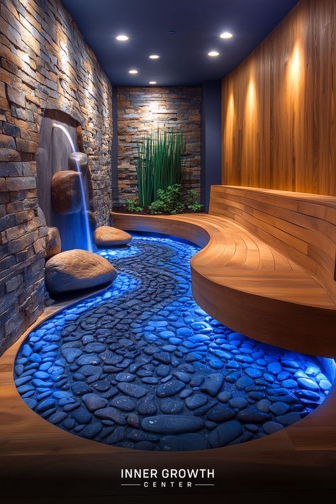 A serene indoor meditation space with a flowing blue water feature, stone walls, and wooden seating. Small Zen Room Ideas, Spiritual Room Meditation Space, Relaxation Room Ideas, Meditation Room Inspiration, Meditation Room Decor Ideas, Healing Room Ideas, Zen Meditation Room, Meditation Room Ideas, Plant Walls