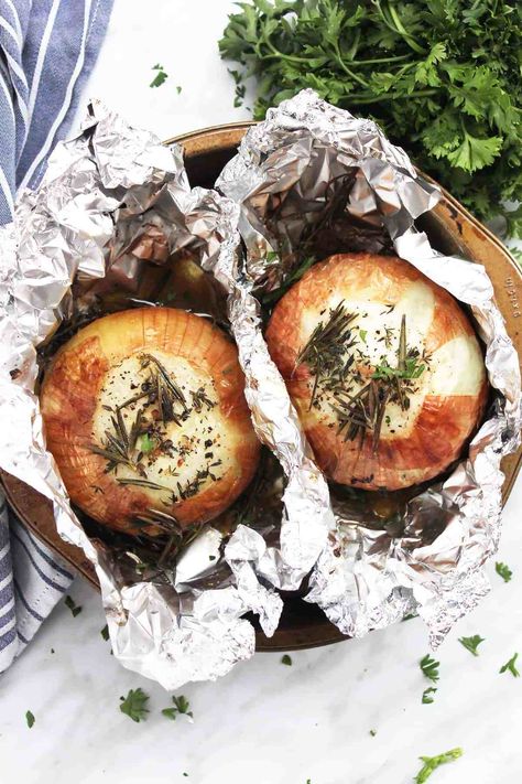 Onions have never tasted so good! These whole roasted onions are wrapped in foil to be cooked and the result is the most buttery side dish that is loaded with flavor. So quick and easy to prep and just a few ingredients needed. Vegetarian and gluten-free. Baked Onions Recipe, Roast Beef Burger, Baked Onions, Hot Dog Toppings, Roasted Onions, Burger Toppings, Grilled Mushrooms, Allrecipes Recipes, Vegetable Side