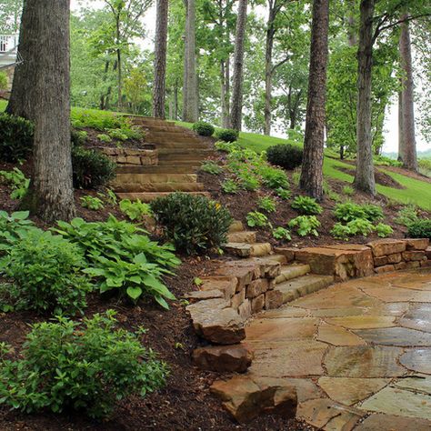 ( Water's edge ) Hillside landscaping - The beauty of shade ( This would be great in our backyard ) ( TN crab orchard flagstone ) Sloped Backyard Landscaping, Terraced Landscaping, Landscaping A Slope, Landscaping On A Hill, Sloped Yard, Hillside Garden, Sloped Backyard, Stone Steps, Hillside Landscaping