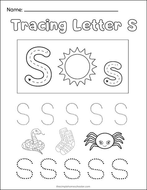 Super Letter S Tracing Worksheets!: Free & Easy Print Pre K Worksheets Free Printables Letters, Letter S Activities For Preschool Crafts, Letter S Free Printables, Letter S Preschool Activities, Letter S Formation, S Phonics Worksheet, S Worksheets For Preschool, Letter S Tracing Worksheet, Letter S Worksheets For Preschool