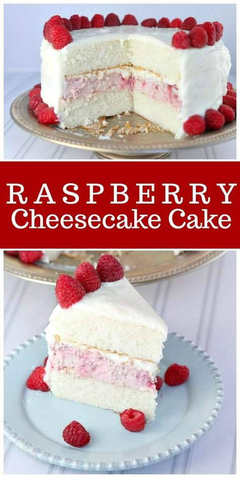 This Raspberry Cheesecake Cake is the perfect, pretty cake for celebrations! #raspberry #cheesecake #cake #recipe via @recipegirl Baking Recipes Cheesecake, Raspberry Cheesecake Cake, Ihop Pancakes, Vegetarian Nachos, Recipes Cheesecake, Cake Simple, Pretty Cake, Raspberry Recipes, Cheese Cookies