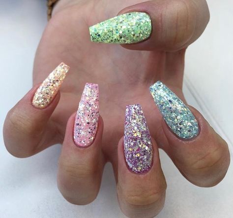 wow i'm in love with these gorgeous multi coloured glitter acrylics #acrylic #nails #nail #nailart #art #blue #green #pink #gold #chrome #shiny #glittery #extensions Gel Nails Sparkle Glitter, Colourful Glitter Nails, Multi Glitter Nails, Glitter Nail Extensions, Blue Glitter Acrylic Nails, Pink And Green Glitter Nails, Pastel With Glitter Nails, Glitter Green Nails, Rainbow Glitter Nails