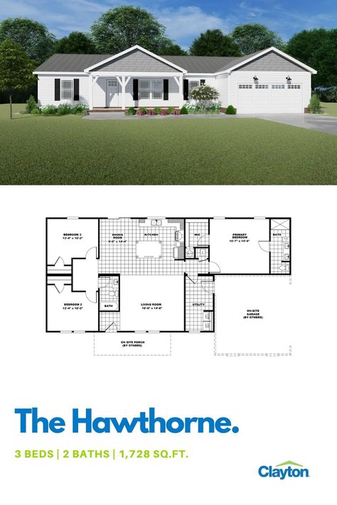 Ranch style house plan with white exterior and grey accents on roof pitch. Covered from porch has white columns and there is an attached garage with a large white door. Ranch Home With Attached Garage, Ranch Style Home With Garage, Ranch House With Attached Garage, Modular Ranch Homes Floor Plans, Clayton Homes Hawthorne, Ranch Style Homes With Garage, Ranch Home With Garage, Attached Garage Ideas, Home Addition Floor Plans