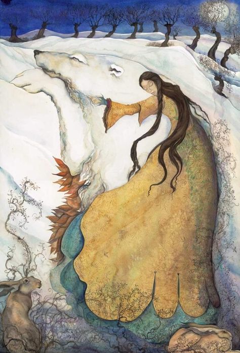 British artist, Jackie Morris (born in 1961) for her magical retelling of East of the Sun, West of the Moon (published in 2013), the classic Norwegian fairy tale which is a beautiful, mysterious story of love, loyalty, and, above all, freedom. 'From the moment she saw him, she knew the bear had come for her. How many times had she dreamt of the bear ... Now, here he was, as if spelled from her dreams. “I will come with you, Bear,” she said.' Jackie Morris, Dad Drawing, East Of The Sun, Art Et Illustration, Bear Art, Art And Illustration, British Artist, Pics Art, Whimsical Art