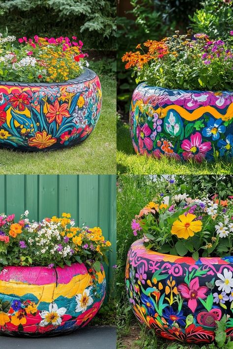 Create a unique and sustainable garden planter using recycled tires! A fun and eco-friendly DIY project. #RecycledCrafts #TirePlanter #SustainableGardening Using Tires In The Garden, Painting Tyres For Garden, Recycled Crafts Garden, Using Tires For Landscaping, What To Do With Old Tires Diy, Upcycled Tires Diy Ideas, Painted Tyres Garden, Used Tires Garden, Tire Furniture Outdoor