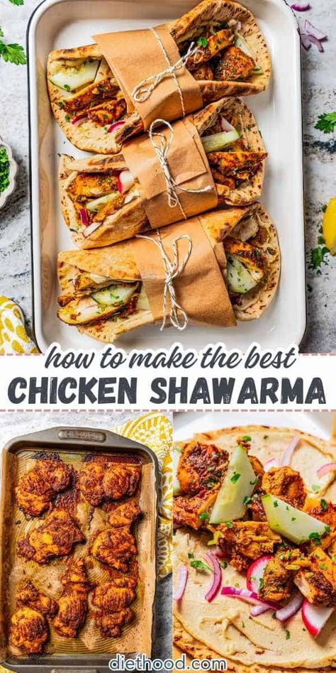 Bursting with tons of flavor, this baked Chicken Shawarma features juicy chicken thighs marinated in a homemade blend of Middle Eastern spices. Perfect for an easy weeknight meal, serve it in a warm pita or over a fresh salad! #chicken #shawarma Schwarma Recipe, Diethood Recipes, Homemade Marinade, Juicy Chicken Thighs, Shawarma Seasoning, Chicken Shawarma Recipe, Shawarma Recipe, Salad Chicken, Healthier Meals