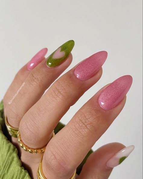 Green And Pink Nails Aesthetic, Nail Ideas Pink And Green, Green And Pink Valentines Nails, Pink Nails Green Tips, Spring Nails Pink And Green, Valentines Day Nails Green, Army Green And Pink Nails, Sage Green And Light Pink Nails, Simple Pink And Green Nails