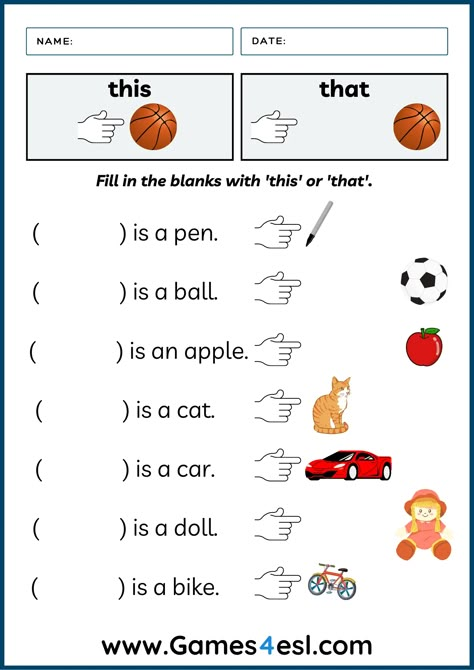 This That These Those Worksheets | Printable Demonstrative Pronoun Exercises | Games4esl This And That Worksheet For Kindergarten, This Vs That, This These Worksheets, This And That Worksheet, One And Many Worksheet For Class 1, These Those Worksheet, This Is That Is Worksheet, This That These Those Activities, There Was There Were