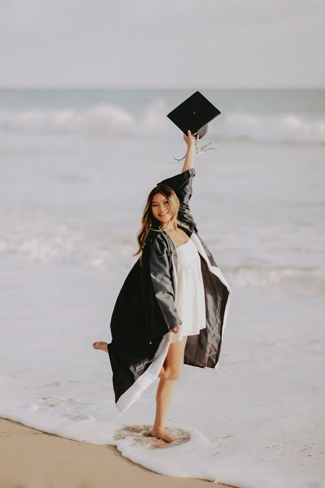 Senior Picture Ideas With Gown, Cap And Gown Beach Pictures, Senior Picture Ideas At Beach, Grad Beach Pictures, Beach Cap And Gown Pictures, Senior Pics Cap And Gown, Senior Photos On The Beach, Graduation Pictures On The Beach, Beach Pictures Senior Photo Ideas