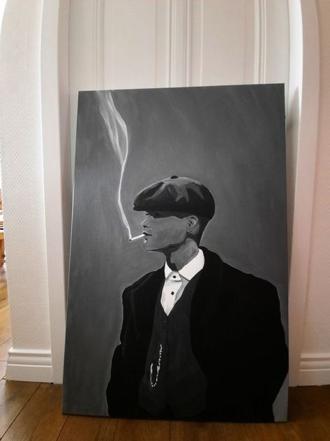 Peaky Blinders Painting Canvas, Peaky Blinders Art Drawing, Peaky Blinders Painting Easy, Peaky Blinders Drawing Easy, Peaky Blinders Painting, Black Canvas Paintings Acrylics, Peaky Blinders Drawing, Black And White Painting Acrylic, Peaky Blinders Art