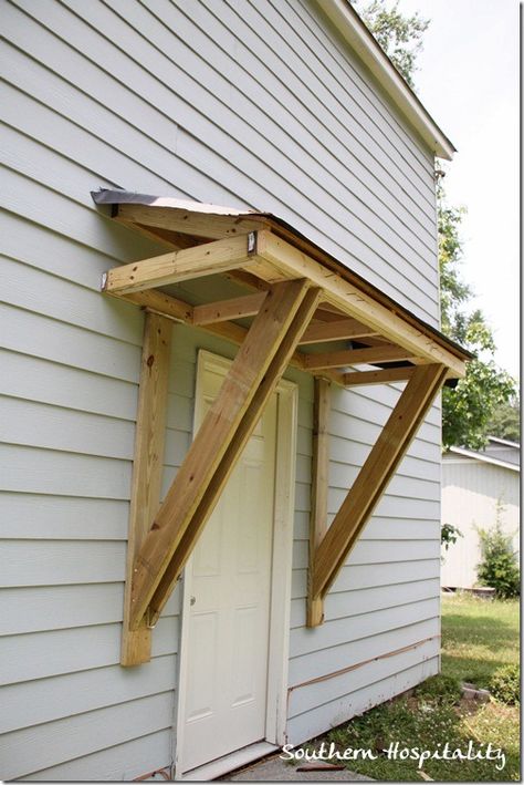 Start to an attractive little roof over the door. Diy Awnings, Porch Overhang, Door Overhang, Diy Awning, House Awnings, Building A Door, Porch Roof, Garage Remodel, Door Awnings