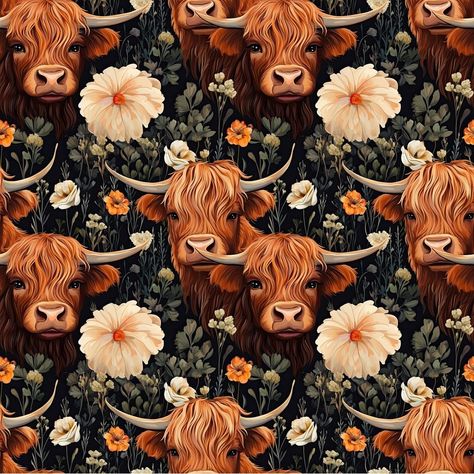 The Floral Highland Cows Pattern 8 Fabric is a part of the Floral Highland Cows Fabric Collection printed by Sew Creative Fabrics. Digitally Printed on  100% cotton and measures 43-45" wide. Sew Creative Fabrics  prints are only available through  Sewing Parts Online  , not sold in stores or anywhere else online.   * Proudly   Manufactured  in Dickson, Tennessee USA! *   * Even though we do our best to make certain that the colors in our fabric photographs are accurate, please be aware that your Highland Cow Collage, Sublimination Ideas, Bookish Crafts, Craft Printables, Dickson Tennessee, Cow Wallpaper, Art Supplies Bag, Sublimation Ideas Projects Inspiration, Embroidery Blanks