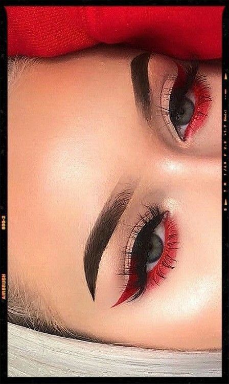 Make Up With Red Eyeliner, Cute Cowgirl Makeup, Red Liner Looks, Red And Black Eyeliner Looks, Prom Makeup For Blue Eyes Red Dress, Red Eyeliner Ideas, Makeup With Red Eyeliner, Red Inspired Makeup, Red Eyeliner Makeup Looks