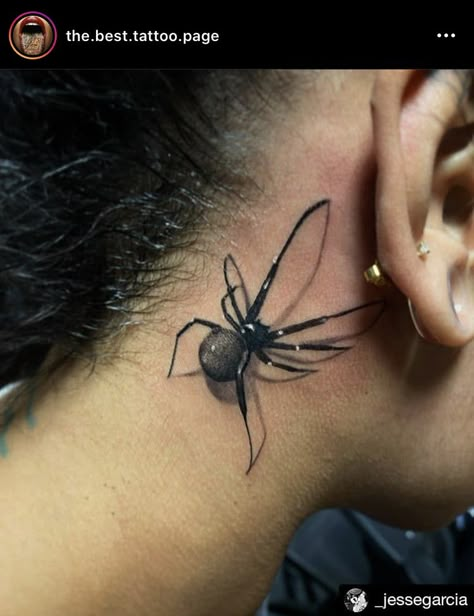 Spider Behind Ear Tattoo, Spider Back Of Neck Tattoo, Spider Tattoo Behind Ear, Spider On Back Of Neck Tattoo, Behind Ear Spider Tattoo, Hanging Spider Tattoo Design, Tato Realis, Spider Web Tattoo, Behind Ear Tattoos