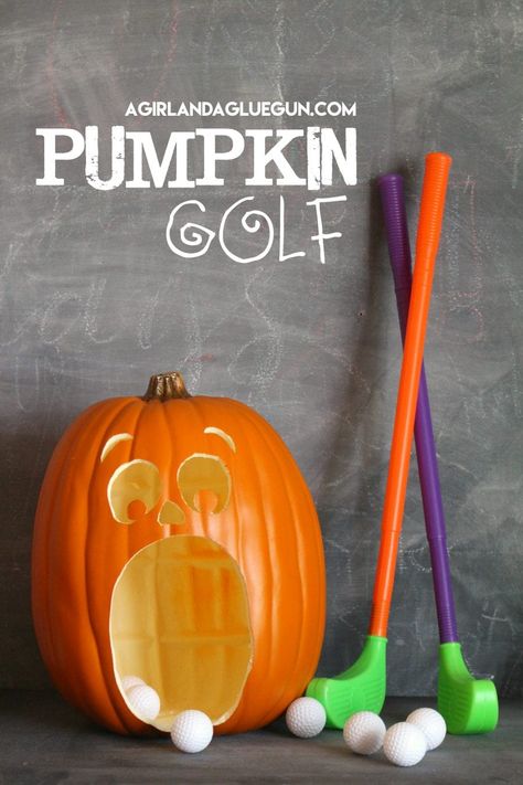 Pumpkin Golf! - A girl and a glue gun Pumpkin Golf, Golf Halloween, Pumpkin Games, Golf Games, Fun Halloween Party Games, Fall Carnival, Halloween Fest, Halloween Games For Kids, Harvest Party