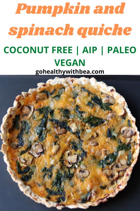 Try this healthy and easy gluten free, dairy free pumpkin, spinach and mushroom quiche. This recipe can be made with bacon or you can make it vegan whatever you choose, it is AIP, paleo and coconut free thanks to the cassava flour pie crust! Aip Baking, Aip Diet Recipes, Pumpkin Spinach, Aip Breakfast, Autoimmune Recipes, Mushroom Quiche, Autoimmune Paleo Recipes, Aip Paleo Recipes, Dairy Free Pumpkin