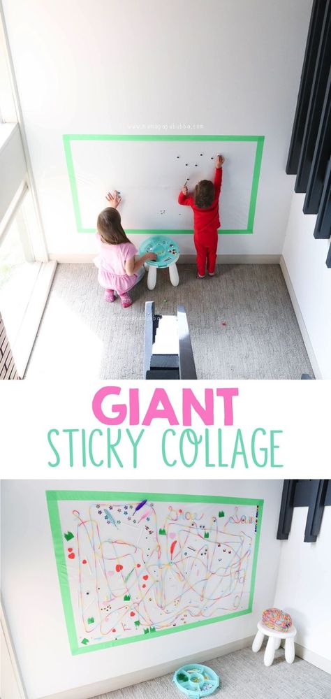 Giant Sticky Collage | Mama.Papa.Bubba. Bfg Party, Easel Ideas, Wall Activities, Family Rituals, Sticky Wall, Teacher Board, Toddler Arts And Crafts, Toddler Activity, Fine Motor Skills Activities