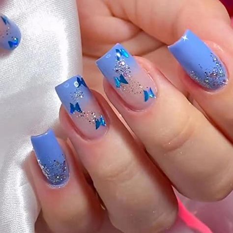 Gradient Acrylic Nails, Nails Blue Gradient, Squoval Acrylic Nails, Nails Squoval, Glitter Stick, Nails With Design, Brown Acrylic Nails, Square Press On Nails, Spring Butterfly