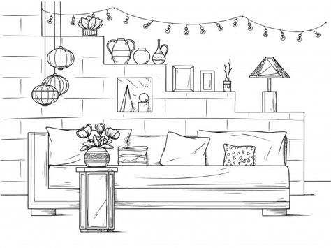 Living Room Sketch Drawings, Drawing Room Sketch, Living Room Drawing Sketch, Living Room Boho Style, Living Room Sketch, Draw Room, Doodle Houses, Style Sofa Table, Room Sketch