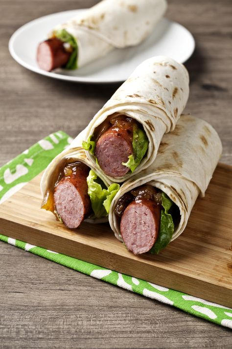 No need to for any hot dog buns with this recipe! give this quick recipe a try = Smoked Sausage Wraps! Sausage Wraps Tortilla, Sausage Dogs Recipes, Sausage Photography, Elote Cart, Hot Dog Wraps, Sausage Wraps, Basketball Food, Hot Dog Sausage, Delicious Turkey Recipes