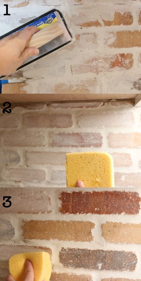 Diy Brick Backsplash, Kitchen Renovation Diy Ideas, German Schmear, Brick Kitchen Backsplash, Backsplash Diy, Brick Backsplash Kitchen, Farmhouse Kitchen Backsplash, White Wash Brick, Faux Brick Walls