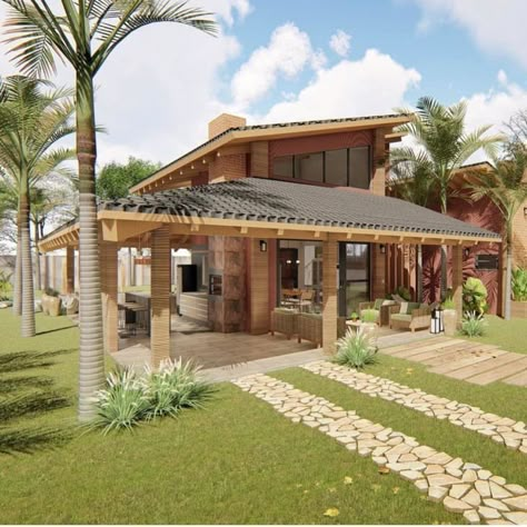 Casa de campo: 85 ideias do simples ao luxuoso para te inspirar Tropical House Design, Aesthetic Interior Design, Casa Country, Rest House, House Construction Plan, Farmhouse Style House Plans, Tropical House, Beach House Design, Village House Design