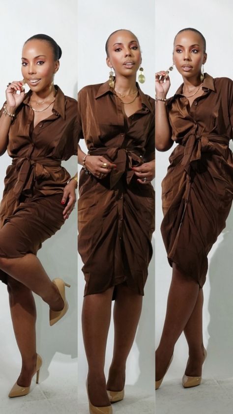 Shades Of Brown Outfits For Black Women, Bronze Dress Outfit Shoes, Chocolate Outfit Ideas, Chocolate Brown Dress Outfit, Shades Of Brown Outfit, Formal Church Outfits, Nude Pumps Outfit, Brown Outfits For Black Women, Classy Brunch Outfit