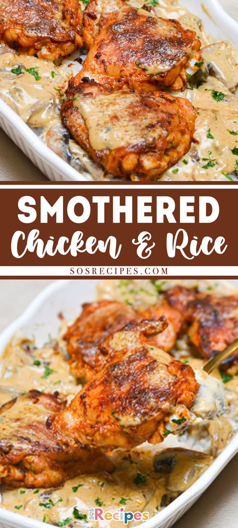 This recipe adopts the casserole style of a smothered chicken dish. Only more simple with almost none of the work for you. Cream of chicken soup and mushroom cream are used to make the gravy, so you won’t have to prepare it from scratch. What makes it a smothered chicken rice recipe is that it’s cooked on top of a layer of rice. Baked Chicken Over Rice Recipes, Smothered Chicken Cream Of Chicken Soup, Chicken Rice Cream Of Mushroom Soup Casserole, Chicken With Rice Recipes Easy, Smothered Chicken And Rice Recipes, Chicken And Rice For Two, Creamy Chicken Over Rice, Chicken Thigh And Rice Recipes, Smothered Chicken Rice