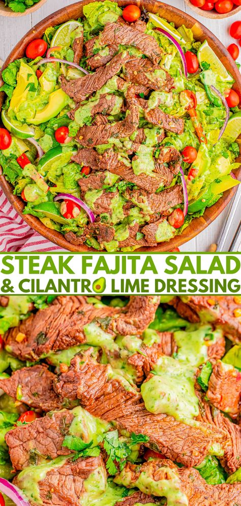 Steak Fajita Salad, Sliced Sirloin, Creamy Cilantro Lime Dressing, Steak Fajita Marinade, Fajita Salad, Crisp Salad, Fajita Marinade, Averie Cooks, Cilantro Lime Dressing