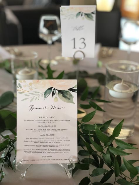 Dinner menu displayed on each table so guests can see what is being served! A very smart idea Menu On Table, Round Table Settings, Roasted Yams, Wedding Table Menus, Menu Display, Roasted Beet Salad, Beef Filet, Lunch Table, French Crepes