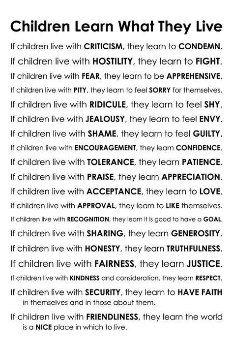 Children learn what they live Children Learn What They Live, Citation Parents, Uppfostra Barn, Affirmations For Kids, Smart Parenting, Kids Behavior, Parenting Skills, Gentle Parenting, Good Parenting