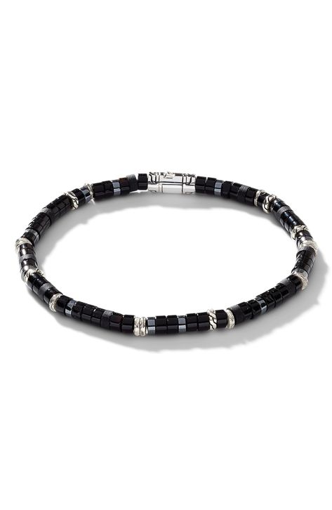 John Hardy Heishi Black Onyx & Hematite Bracelet available at #Nordstrom Hematite Bracelet, Handcrafted Bracelets, John Hardy, Hematite Beads, Heishi Beads, Elastic Bracelet, Bracelet Clasps, Keep Jewelry, Black Onyx