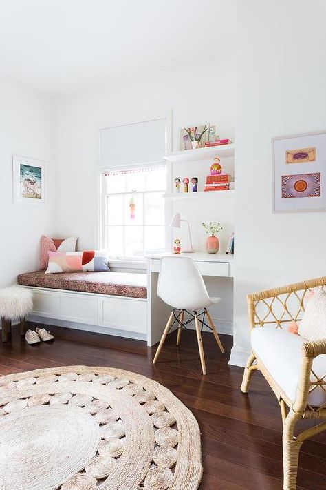 Desk Next To Window, Minimal Kids Bedroom, Desk Under Window, Desk Under Bed, Kids Homework Room, Window Desk, Built In Window Seat, Desk Nook, Homework Room