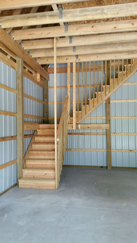 Stairs To Garage Attic, Finished Shop Ideas, Garage Mezzanine Ideas, Garage Loft Storage, Shop With Loft, Mezzanine Garage, Shop Loft Ideas, Pole Barn Interior Ideas, Barn Loft Ideas