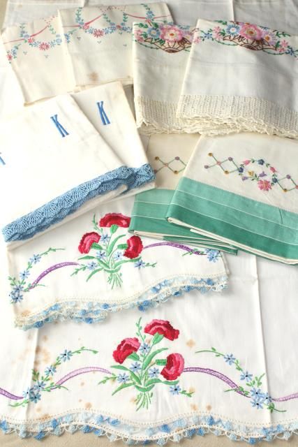 vintage hand embroidered pillowcases w/ crochet lace edgings, shabby cottage style bedding lot Vintage Embroidered Pillowcases, Shabby Cottage Style, Style Bedding, Floral Pillowcase, Crochet Lace Edging, Embroidery Transfers, Embroidered Pillowcases, Linens And Lace, Vintage Sheets