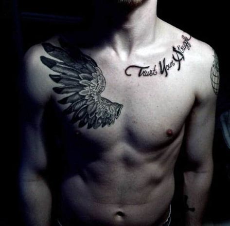 Top 39 Wing Chest Tattoo Ideas - [2021 Inspiration Guide] Kurt Tattoo, Wing Tattoo Men, Small Chest Tattoos, Lyrics Tattoo, Tattoos Infinity, Female Tattoos, Money Tattoo, Wing Tattoo Designs, Bone Tattoos