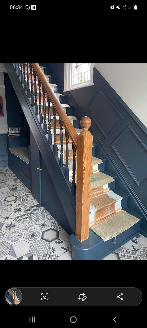 Dark Blue Stairs, Navy Staircase, Navy Stairs, Navy Hallway, Blue Staircase, Staircase Paneling, Modern Victorian Decor, Dark Staircase, Beige Hallway