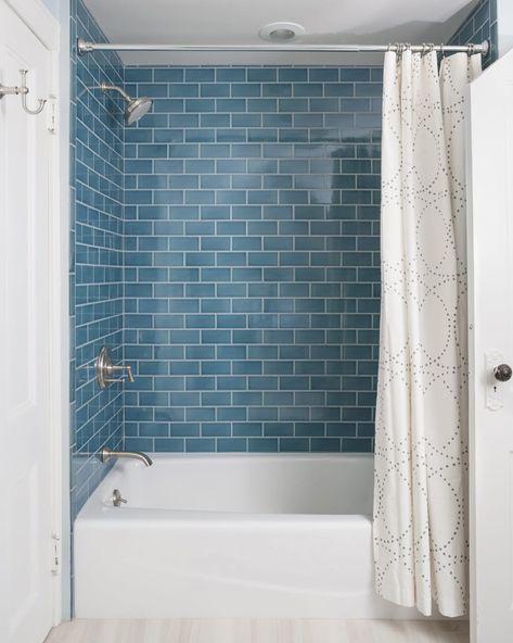 Tub Shower Combo Remodel, Shower Flooring, Tiled Showers, Bathroom Tub Shower Combo, Tile Tub, Future Bathroom, Bathtub Shower Combo, Blue Subway Tile, Shower Combo